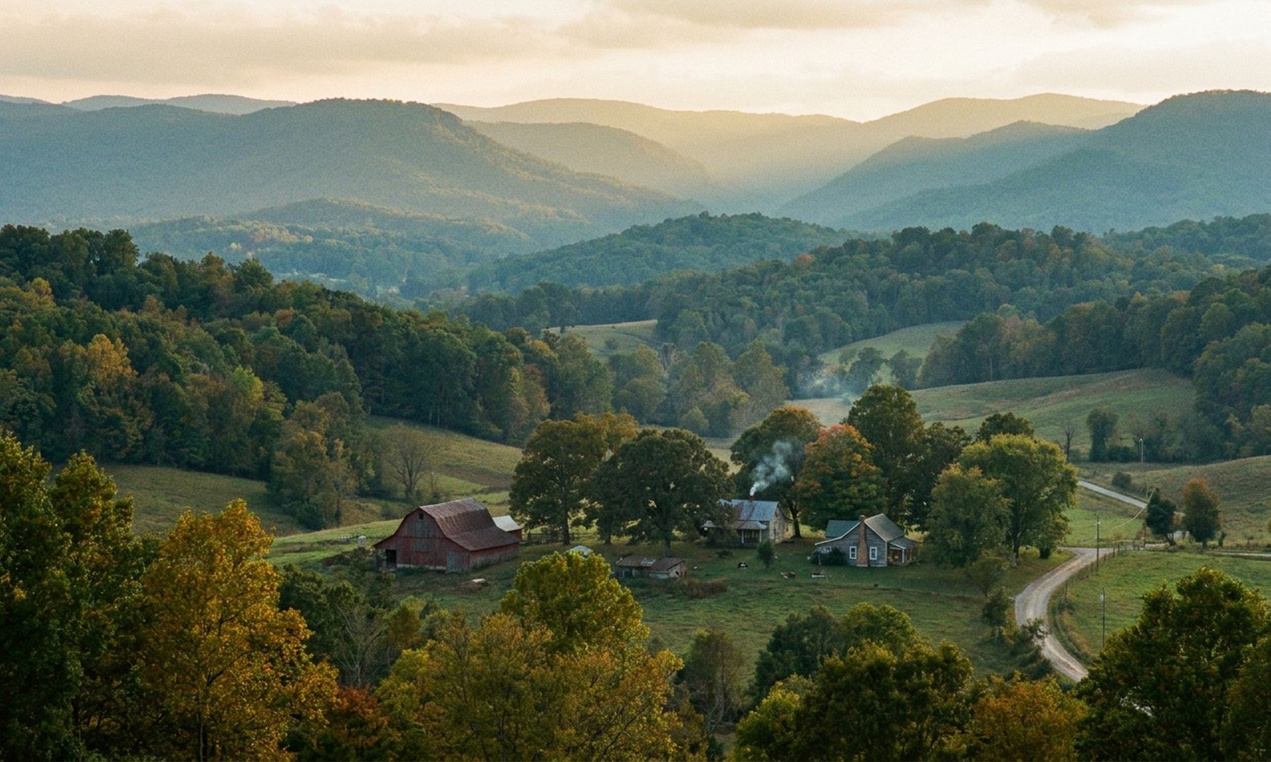 The Cumberland Plateau near Crossville, Tennessee at golden hour — rolling hills, a farmhouse and red barn